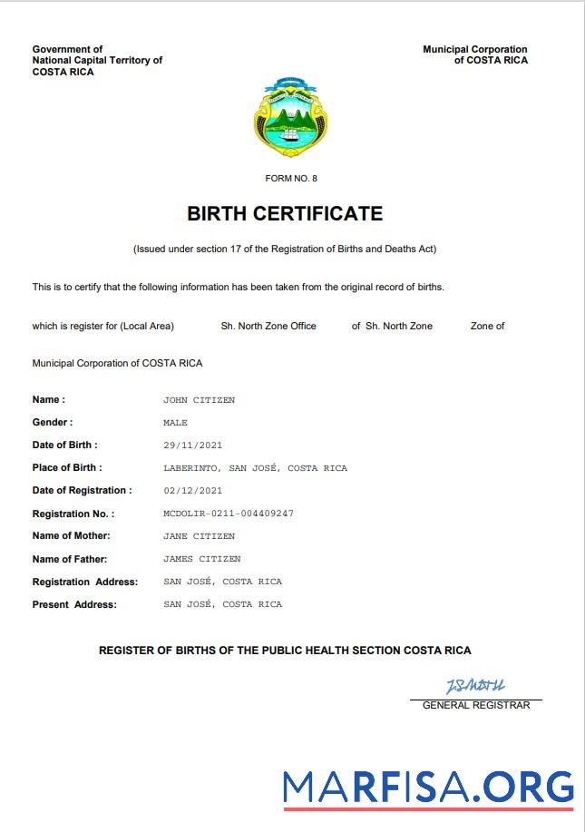 Printable Costa Rica birth certificate Word and PDF template